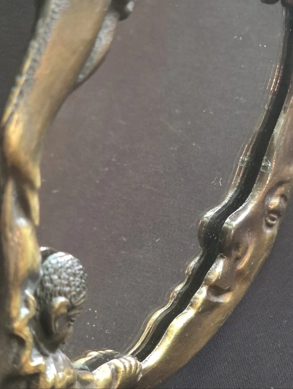 Vintage Art Nouveau Bronze Pierrot Clown Hand Mirror